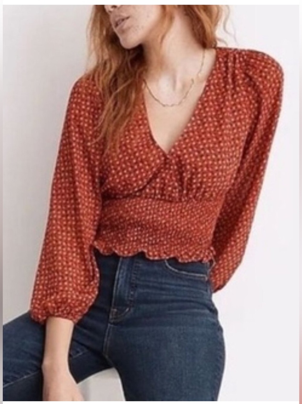 Madewell Floral Wrap Smocked Rust Red Blouse - Picture 2 of 11